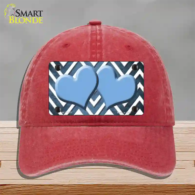 Light Blue White Hearts Chevron Oil Rubbed Novelty License Plate Hat Unconstructed Cotton / Red