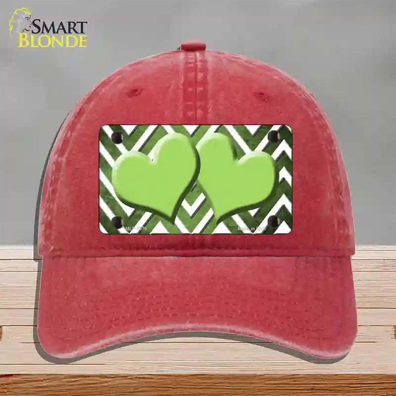 Lime Green White Hearts Chevron Oil Rubbed Novelty License Plate Hat Unconstructed Cotton / Red