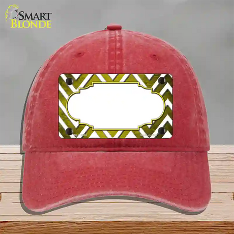 Yellow White Chevron Scallop Oil Rubbed Novelty License Plate Hat Unconstructed Cotton / Red