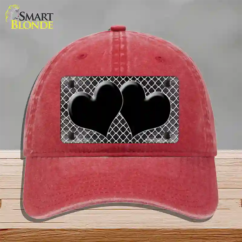 Black White Quatrefoil Hearts Oil Rubbed Novelty License Plate Hat Unconstructed Cotton / Red