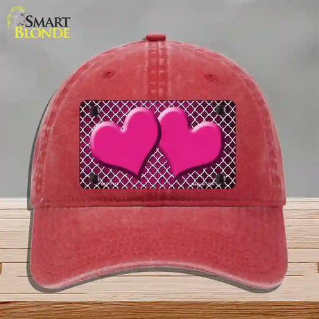 Pink White Quatrefoil Hearts Oil Rubbed Novelty License Plate Hat Unconstructed Cotton / Red