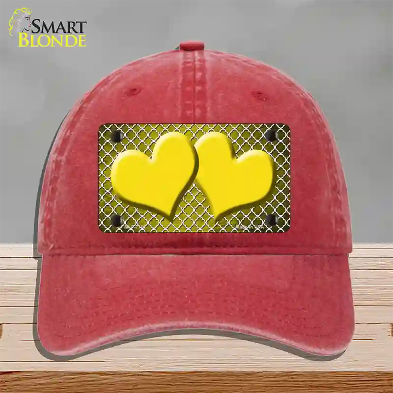 Yellow White Quatrefoil Hearts Oil Rubbed Novelty License Plate Hat Unconstructed Cotton / Red