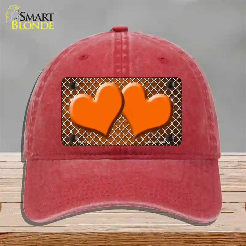 Orange White Quatrefoil Hearts Oil Rubbed Novelty License Plate Hat Unconstructed Cotton / Red