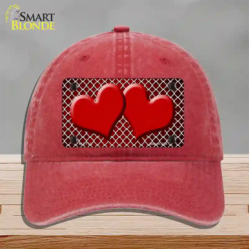 Red White Quatrefoil Hearts Oil Rubbed Novelty License Plate Hat Unconstructed Cotton / Red