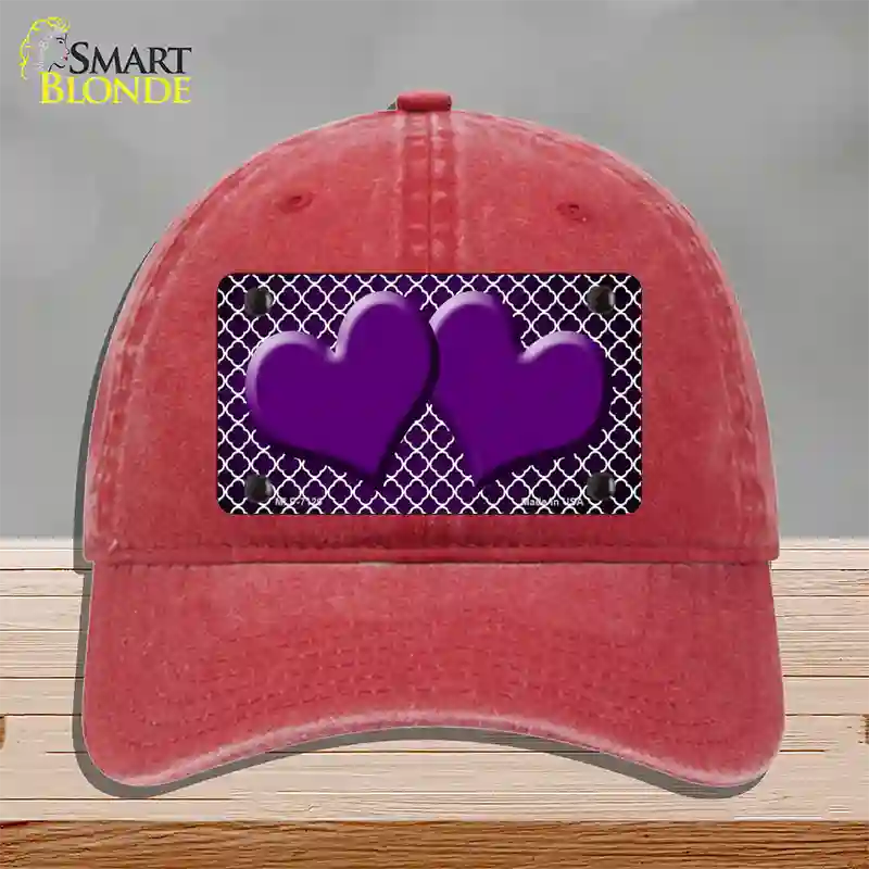 Purple White Quatrefoil Hearts Oil Rubbed Novelty License Plate Hat Unconstructed Cotton / Red