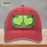 Lime Green White Quatrefoil Hearts Oil Rubbed Novelty License Plate Hat Unconstructed Cotton / Red