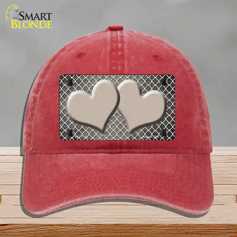 Tan White Quatrefoil Hearts Oil Rubbed Novelty License Plate Hat Unconstructed Cotton / Red