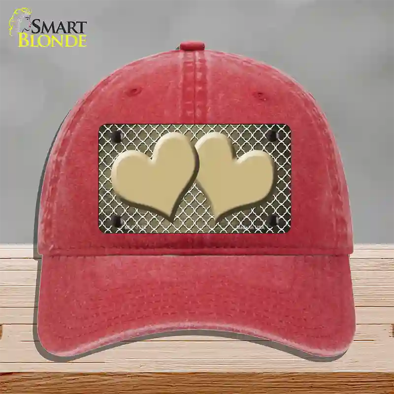 Gold White Quatrefoil Hearts Oil Rubbed Novelty License Plate Hat Unconstructed Cotton / Red