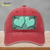 Mint White Quatrefoil Hearts Oil Rubbed Novelty License Plate Hat Unconstructed Cotton / Red