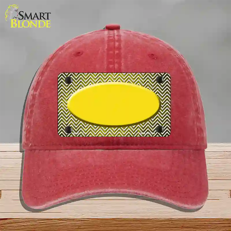 Yellow White Small Chevron Oval Oil Rubbed Novelty License Plate Hat Unconstructed Cotton / Red