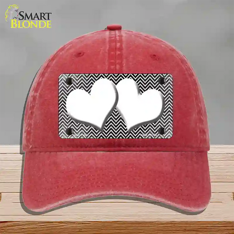 Black White Small Chevron Hearts Oil Rubbed Novelty License Plate Hat Unconstructed Cotton / Red