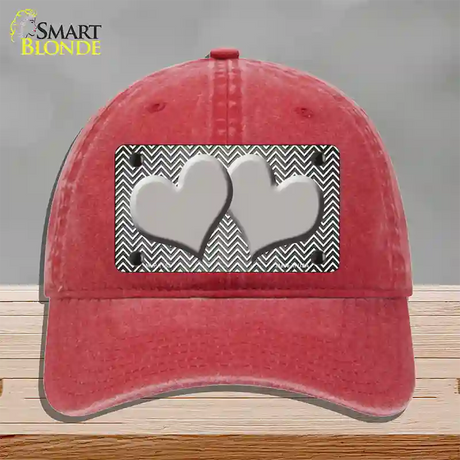 Gray White Small Chevron Hearts Oil Rubbed Novelty License Plate Hat Unconstructed Cotton / Red