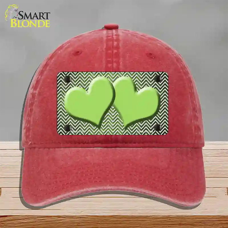 Lime Green White Small Chevron Hearts Oil Rubbed Novelty License Plate Hat Unconstructed Cotton / Red