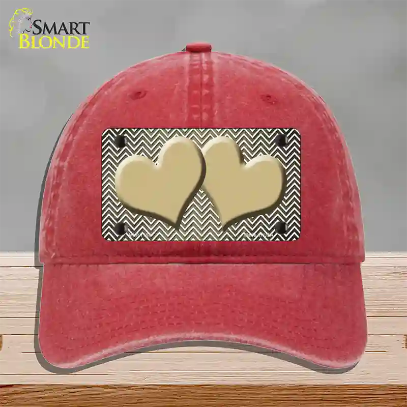 Gold White Small Chevron Hearts Oil Rubbed Novelty License Plate Hat Unconstructed Cotton / Red