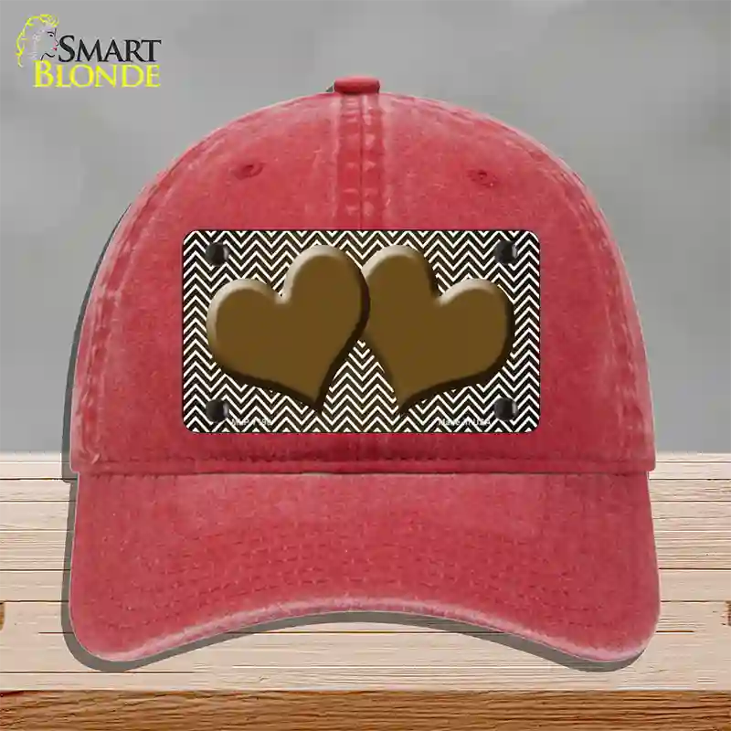 Brown White Small Chevron Hearts Oil Rubbed Novelty License Plate Hat Unconstructed Cotton / Red