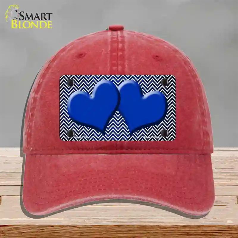 Blue White Small Chevron Hearts Oil Rubbed Novelty License Plate Hat Unconstructed Cotton / Red