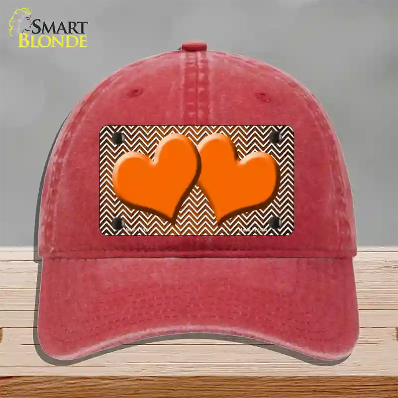 Orange White Small Chevron Hearts Oil Rubbed Novelty License Plate Hat Unconstructed Cotton / Red