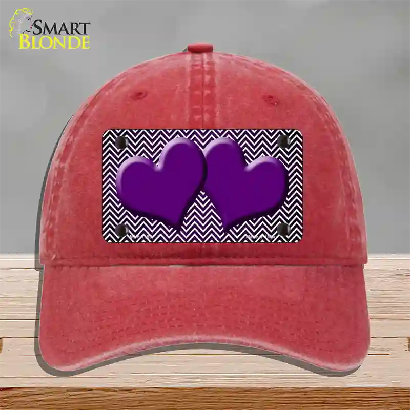 Purple White Small Chevron Hearts Oil Rubbed Novelty License Plate Hat Unconstructed Cotton / Red