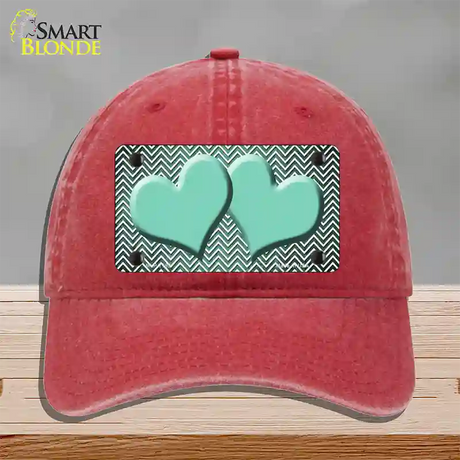 Mint White Small Chevron Hearts Oil Rubbed Novelty License Plate Hat Unconstructed Cotton / Red