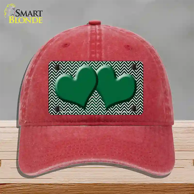 Green White Small Chevron Hearts Oil Rubbed Novelty License Plate Hat Unconstructed Cotton / Red