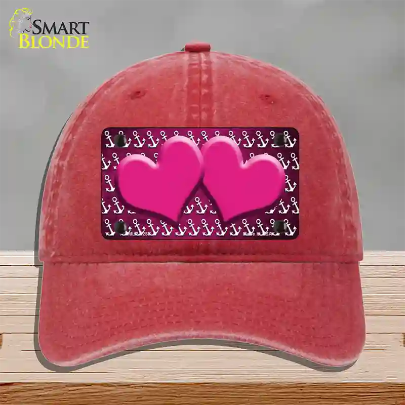 Pink White Anchor Hearts Oil Rubbed Novelty License Plate Hat Unconstructed Cotton / Red