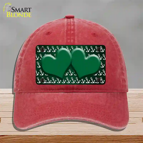 Green White Anchor Hearts Oil Rubbed Novelty License Plate Hat Unconstructed Cotton / Red