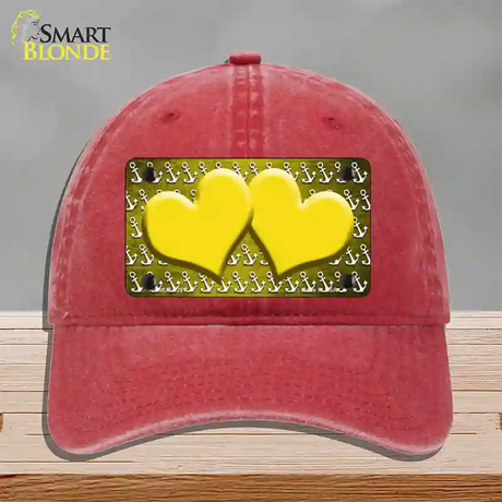 Yellow White Anchor Hearts Oil Rubbed Novelty License Plate Hat Unconstructed Cotton / Red