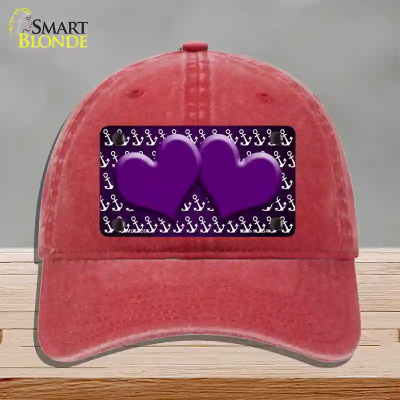 Purple White Anchor Hearts Oil Rubbed Novelty License Plate Hat Unconstructed Cotton / Red