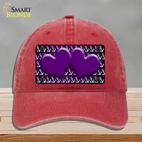 Purple White Anchor Hearts Oil Rubbed Novelty License Plate Hat Unconstructed Cotton / Red