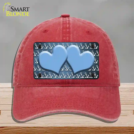 Light Blue White Anchor Hearts Oil Rubbed Novelty License Plate Hat Unconstructed Cotton / Red