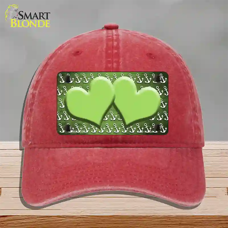 Lime Green White Anchor Hearts Oil Rubbed Novelty License Plate Hat Unconstructed Cotton / Red