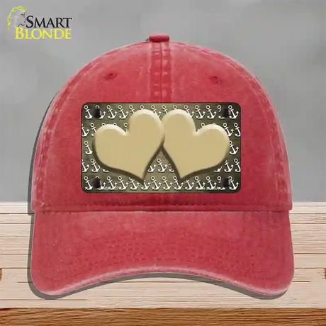 Gold White Anchor Hearts Oil Rubbed Novelty License Plate Hat Unconstructed Cotton / Red