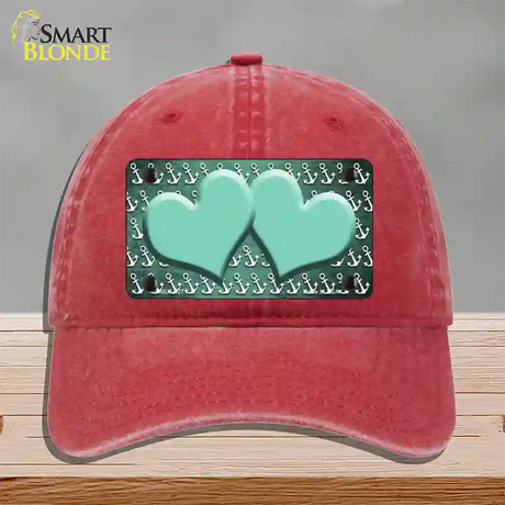 Mint White Anchor Hearts Oil Rubbed Novelty License Plate Hat Unconstructed Cotton / Red