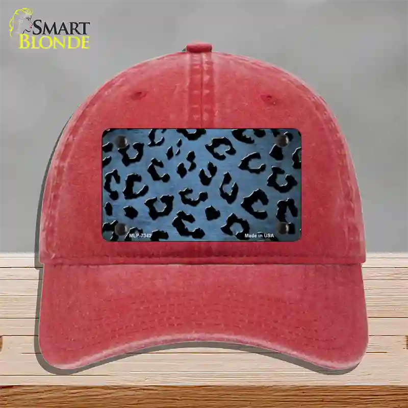 Light Blue Black Cheetah Oil Rubbed Novelty License Plate Hat Unconstructed Cotton / Red