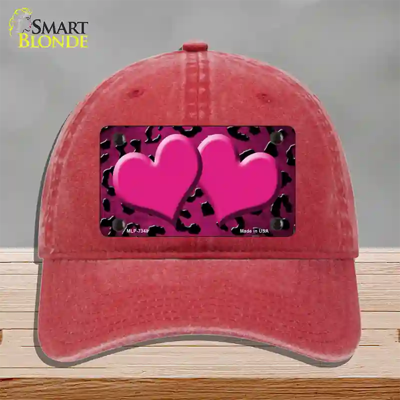 Pink Black Cheetah Hearts Oil Rubbed Novelty License Plate Hat Unconstructed Cotton / Red