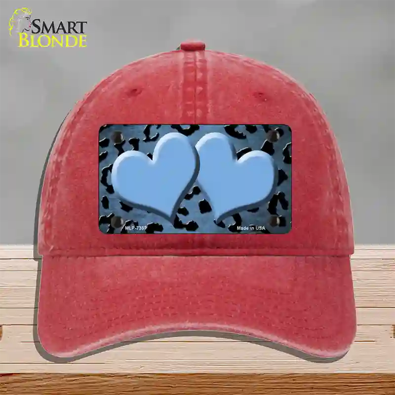 Light Blue Black Cheetah Hearts Oil Rubbed Novelty License Plate Hat Unconstructed Cotton / Red