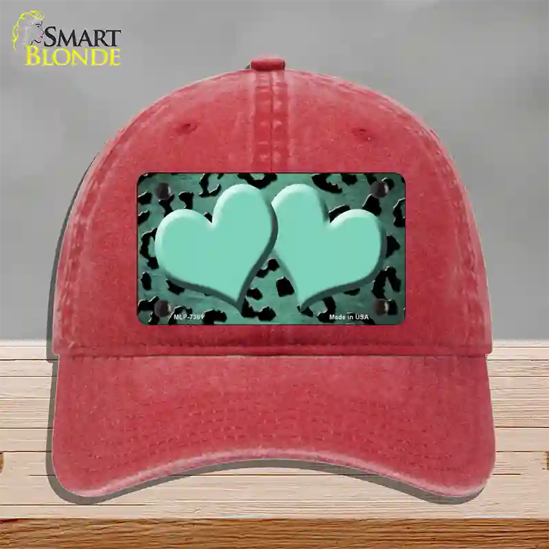 Mint Black Cheetah Hearts Oil Rubbed Novelty License Plate Hat Unconstructed Cotton / Red