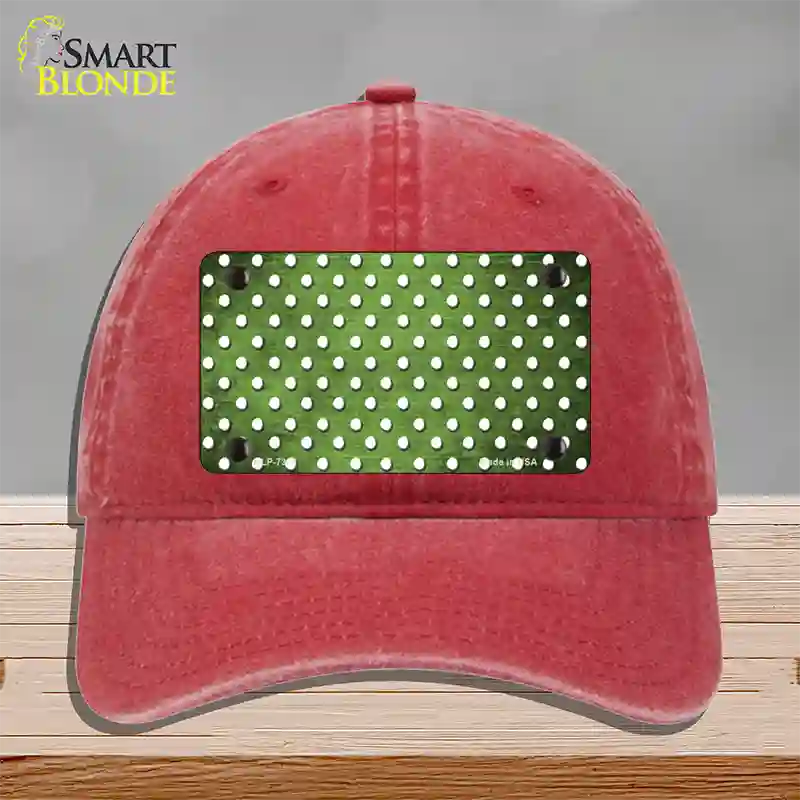 Lime Green White Small Dots Oil Rubbed Novelty License Plate Hat Unconstructed Cotton / Red