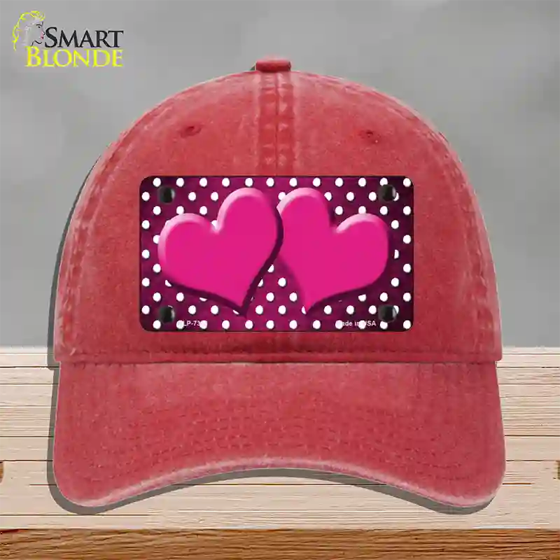 Pink White Small Dots Hearts Oil Rubbed Novelty License Plate Hat Unconstructed Cotton / Red