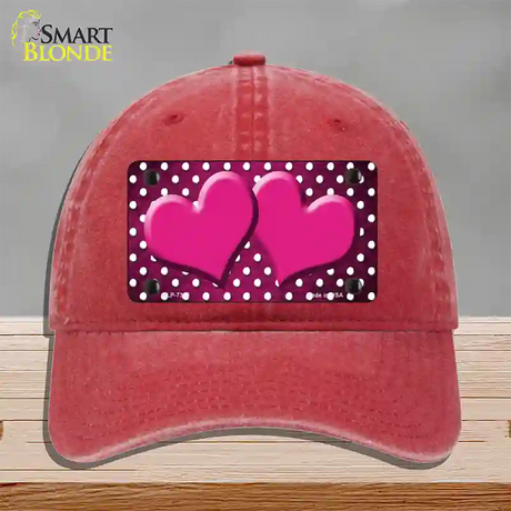 Pink White Small Dots Hearts Oil Rubbed Novelty License Plate Hat Unconstructed Cotton / Red