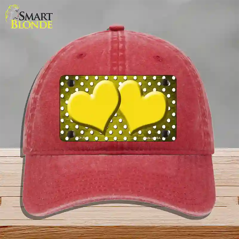 Yellow White Small Dots Hearts Oil Rubbed Novelty License Plate Hat Unconstructed Cotton / Red