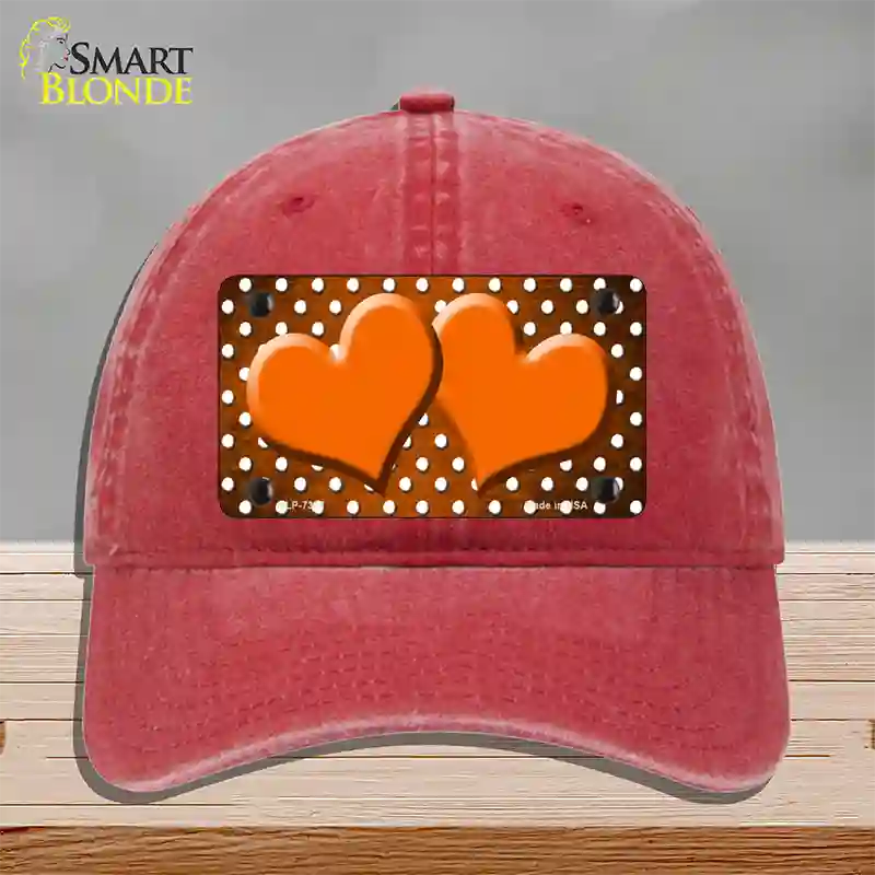 Orange White Small Dots Hearts Oil Rubbed Novelty License Plate Hat Unconstructed Cotton / Red