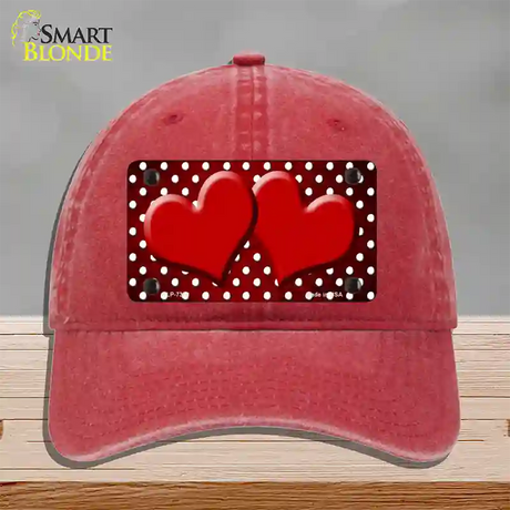 Red White Small Dots Hearts Oil Rubbed Novelty License Plate Hat Unconstructed Cotton / Red