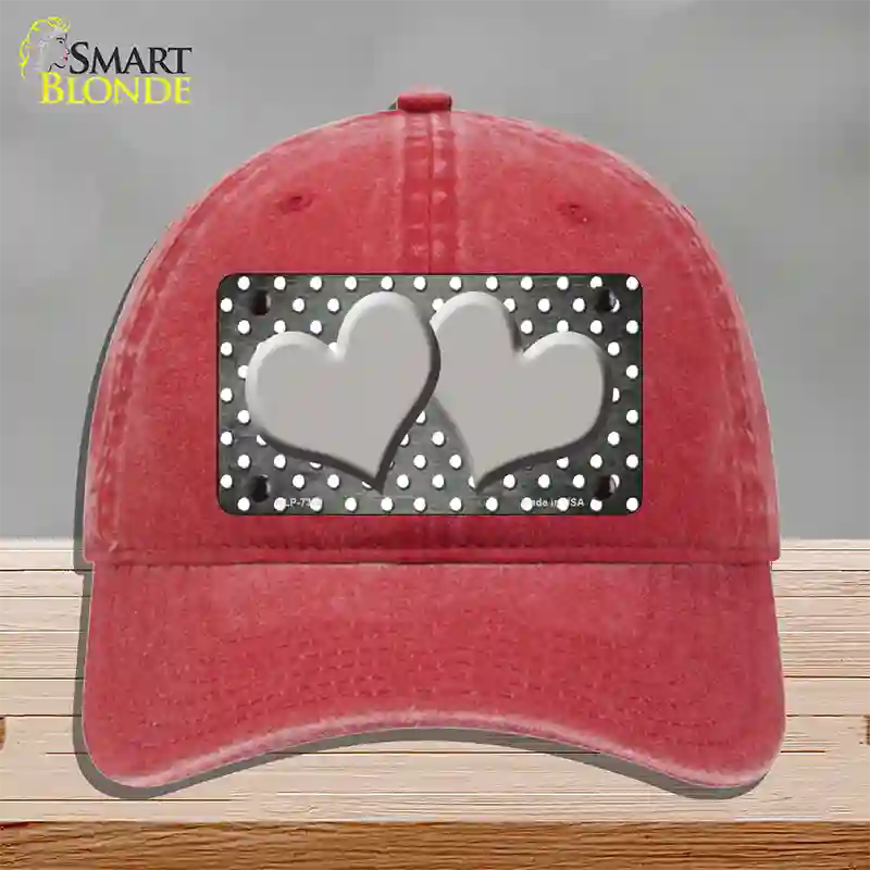 Gray White Small Dots Hearts Oil Rubbed Novelty License Plate Hat Unconstructed Cotton / Red