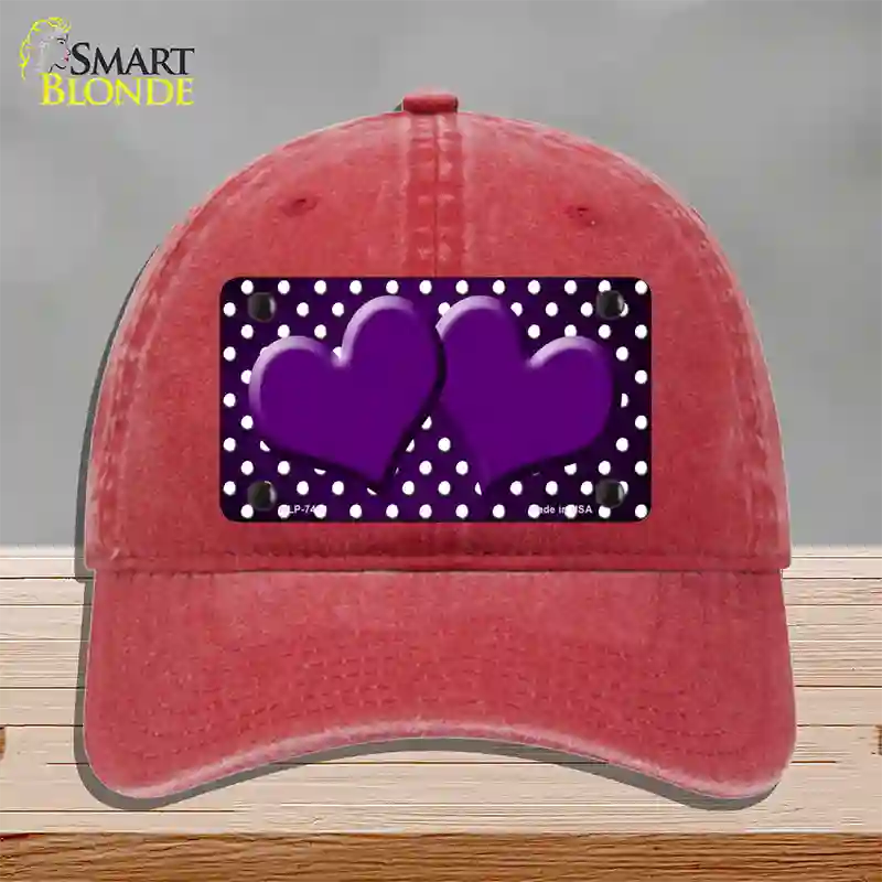 Purple White Small Dots Hearts Oil Rubbed Novelty License Plate Hat Unconstructed Cotton / Red