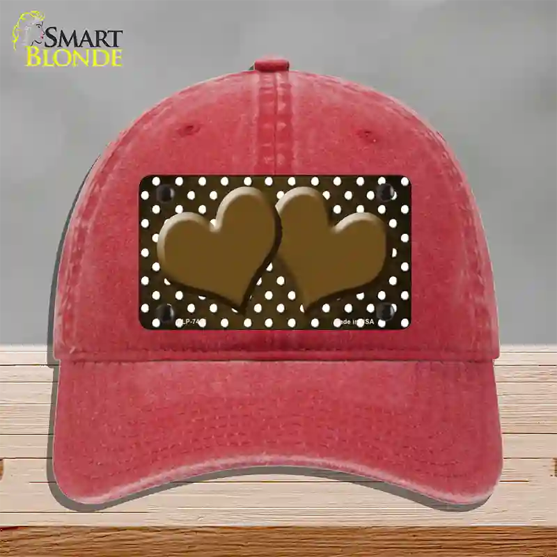 Brown White Small Dots Hearts Oil Rubbed Novelty License Plate Hat Unconstructed Cotton / Red