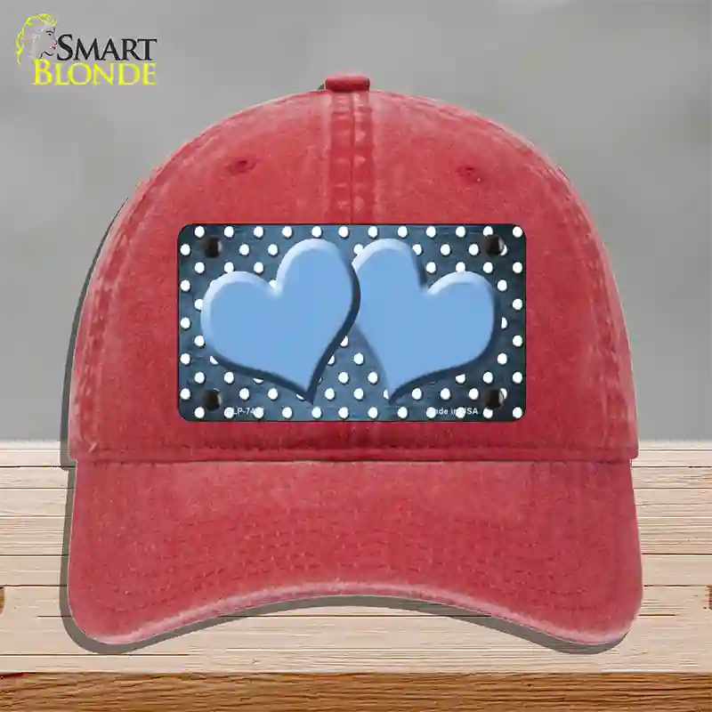 Light Blue White Small Dots Hearts Oil Rubbed Novelty License Plate Hat Unconstructed Cotton / Red