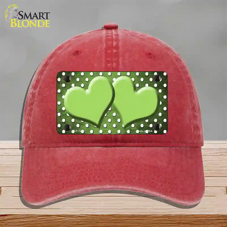 Lime Green White Small Dots Hearts Oil Rubbed Novelty License Plate Hat Unconstructed Cotton / Red