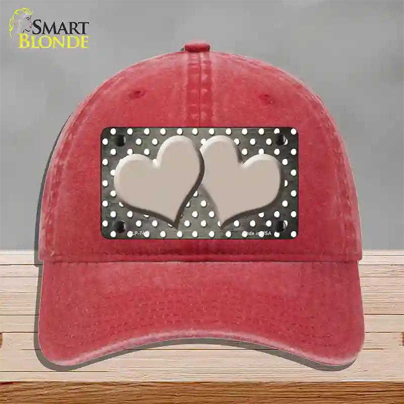 Tan White Small Dots Hearts Oil Rubbed Novelty License Plate Hat Unconstructed Cotton / Red