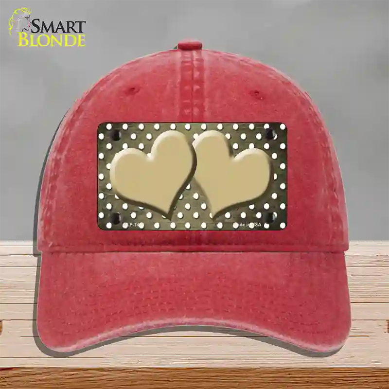 Gold White Small Dots Hearts Oil Rubbed Novelty License Plate Hat Unconstructed Cotton / Red